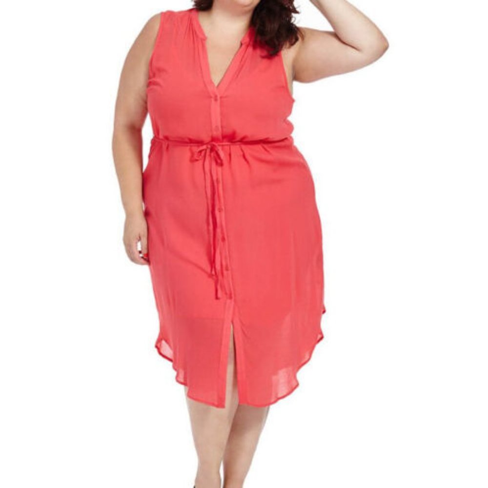 BB DAKOTA Viri Coral 100% Vicose Shirt Button Down Belted Dress